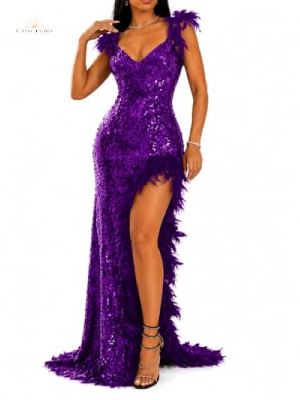 Sequin Formal Prom Dress with Feather Trim High Slit Backless